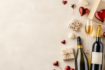  Dos botellas de vino con una copa, decoraciones de corazones, cajas de regalo y bombones, dispuestos sobre un fondo claro. Representa la elegancia del Día de San Valentín.
