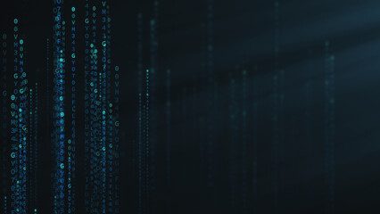 Binary code matrix on dark background. Abstract background, digital data from particles of a computer program. Futuristic binary data cyber security technology.