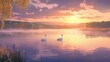 © EIKOZ - Serene Dawn at Peaceful Lake with Swans Gliding and Soft Morning Mist, by Golden Sunlight