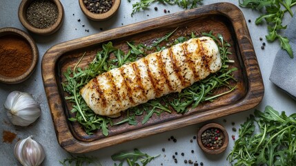 Poster - A beautifully plated grilled fish fillet on a bed of fresh arugula, garnished with spices and garlic, showcasing a delicious culinary presentation.