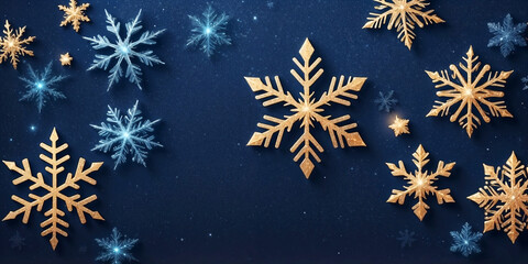 Wall Mural - magical white and gold snowflakes over glitter blue dark background
