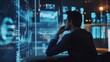 © WS Studio 1985 - Professional Analyst Contemplating Financial Data with High-Tech Screens in a Dimly Lit Office Environment at Night