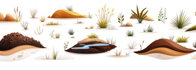 Stylized illustration depicting various desert landscapes showcasing a variety of sand dunes, rocks, and sparse vegetation against a white background, ideal for environmental prese