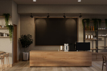 Wall Mural - The interior of a contemporary, cozy coffee shop features a wooden counter with coffee machines.