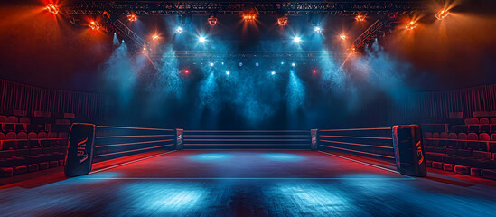 Sticker - Arena Ring Boxing box sport fight rope night spotlight spotlit view post shot studio match top 1 dark stage wrestling dramatic amphitheatre professional platform empty competition stadium AI generated