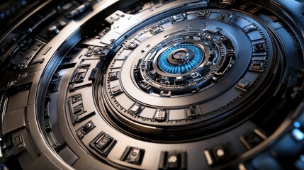 Poster - A close-up view of a futuristic, intricate mechanical design with a circular pattern.