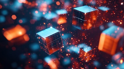 Wall Mural - Abstract background with floating cubes and glowing particles.