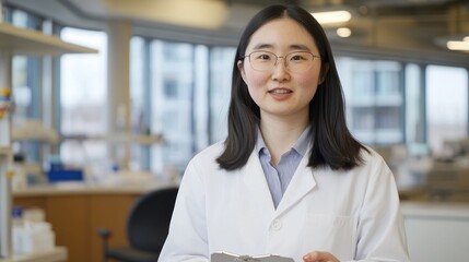 Poster - A scientist in a lab coat holds a clipboard in a modern laboratory setting.