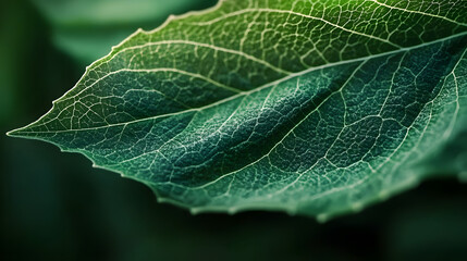 Wall Mural - A closeup background image of a natural green leaf vividly showcasing the intricate details of its texture 