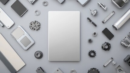 Fototapete - A collection of tech and mechanical components arranged around a blank tablet.