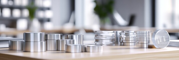 Fototapete - A collection of metallic cylindrical objects arranged on a wooden table in a modern setting.