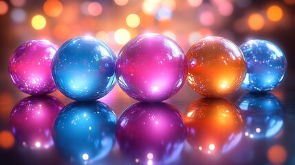 Wall Mural - Colorful shiny spheres reflecting on dark surface with bokeh background.