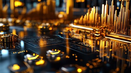 Fototapete - A close-up view of a futuristic circuit board with golden accents and data visualizations.