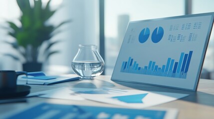Poster - A modern workspace featuring data charts and a glass of water.