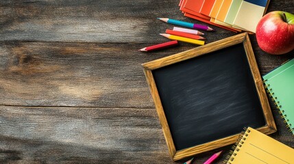 Poster - A classroom scene featuring a chalkboard, apple, notebooks, and colored pencils on a wooden table.