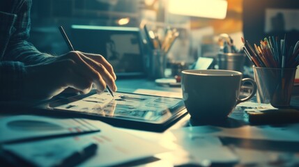 Poster - A person working on a tablet surrounded by coffee and creative materials.