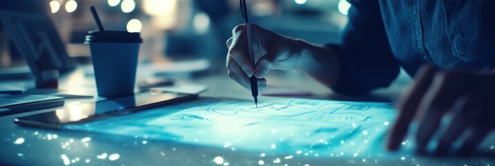 Poster - A person drawing on a digital tablet in a dimly lit setting, showcasing creativity and technology.