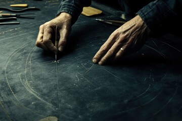 Poster - A person using a tool to draw precise lines on a dark surface, likely for crafting or design.