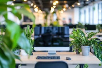 Poster - A modern workspace featuring a computer surrounded by greenery.