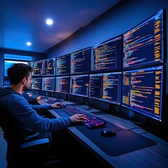 Dynamic Team of Young Coders and Programmers Developing Start-up Business on Multiple Screens