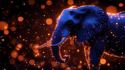 Wall Mural - glowing blue elephant with bokeh lights.