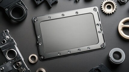 Aufkleber - A collection of mechanical components surrounding a central metallic panel.