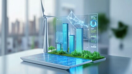 Aufkleber - Futuristic landscape showcasing renewable energy with wind turbine and solar panels.