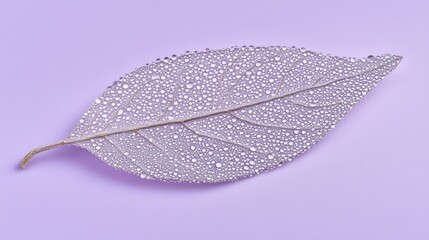 Poster - A delicate leaf adorned with water droplets on a soft purple background.