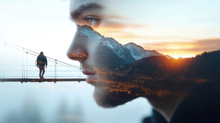 Fototapete - Inner Landscape: double exposure combines a man’s profile with breathtaking mountain scenery, a suspension bridge, and a vibrant sunset. It symbolizes introspection, exploration, and the journey 