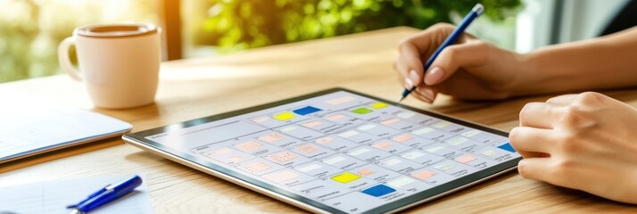 Aufkleber - A person using a tablet to manage a calendar, with a coffee cup nearby.