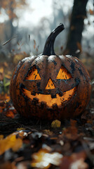 Wall Mural - A Carved Jack-O-Lantern Glowing with a Sinister Smile in a  Dark Forest, Its Face Lit Up by a  Mysterious Light, Set Against a Blurred Background of Autumn Leaves