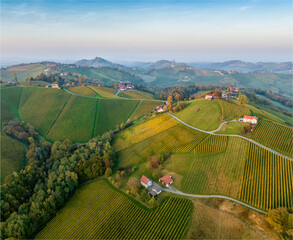 Wall Mural - Aerial sunset landscape of the picturesque, autumn-covered hills near Maribor, close to the Austrian border in Slovenia.