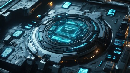 Poster - Futuristic circuit board with glowing elements and digital displays, emphasizing technology.