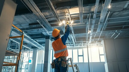 Poster - An electrician installing lighting fixtures in a commercial building under construction, Electrical installation scene, Technical and essential style