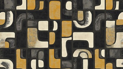 Wall Mural - abstract geometric seamless pattern with mustard, grey and beige shapes on black background.