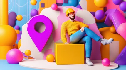 Aufkleber - A colorful 3D scene featuring a person in a hard hat amidst vibrant geometric shapes.