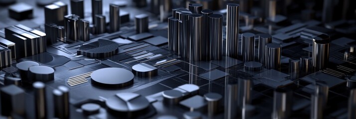 Fototapete - A close-up view of a complex circuit board with various geometric shapes and textures.