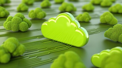 Aufkleber - A green cloud symbol amidst circuit-like patterns representing technology and sustainability.