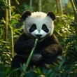 © Generative Media Lab - Adorable panda cub happily eating bamboo in lush forest.