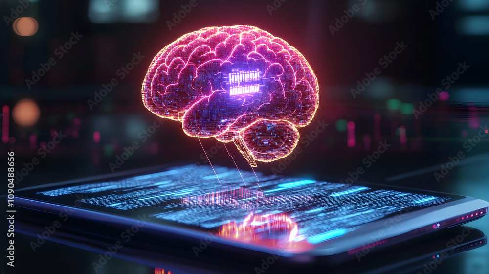 3D Digital Brain Hologram with Circuitry Interacts with Tablet's Code ...
