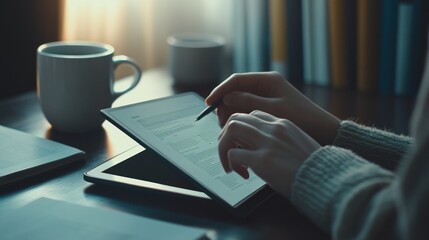 Aufkleber - A person using a tablet to work or study, with coffee cups on a wooden table.