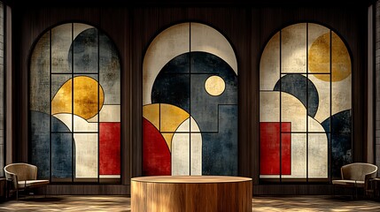 Wall Mural - abstract geometric art wall panels in a dark wood room with a wooden display stand.