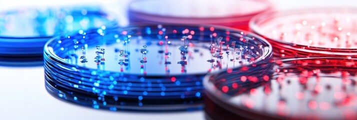 Aufkleber - Laboratory petri dishes with red and blue liquids, likely for scientific experiments.