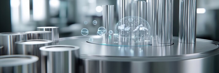 Aufkleber - A futuristic setting with metallic cylinders and bubbles, suggesting a scientific or industrial theme.