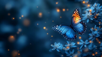 Wall Mural - glowing blue butterfly on flowers at night.
