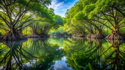 Canvas Print - Captivating Symmetrical Mangrove Forest with Roots Sprawling into Tranquil Water, Offering a Serene and Balanced Natural Landscape Perfect for Nature Lovers and Eco-Friendly Projects