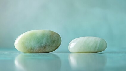 Poster - Two smooth, polished stones with a soft green hue resting on a reflective surface.