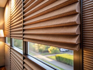 Wall Mural - Close-Up of Modern Cordless Pleated Blinds in Brown Fabric on Apartment Window – Elegant Interior Design Feature with Soft Light and Textured Material