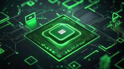 Aufkleber - A futuristic computer chip design with glowing green elements on a dark circuit board background.