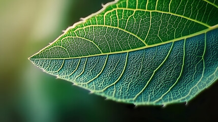 Wall Mural - A closeup background image of a natural green leaf vividly showcasing the intricate details of its texture 